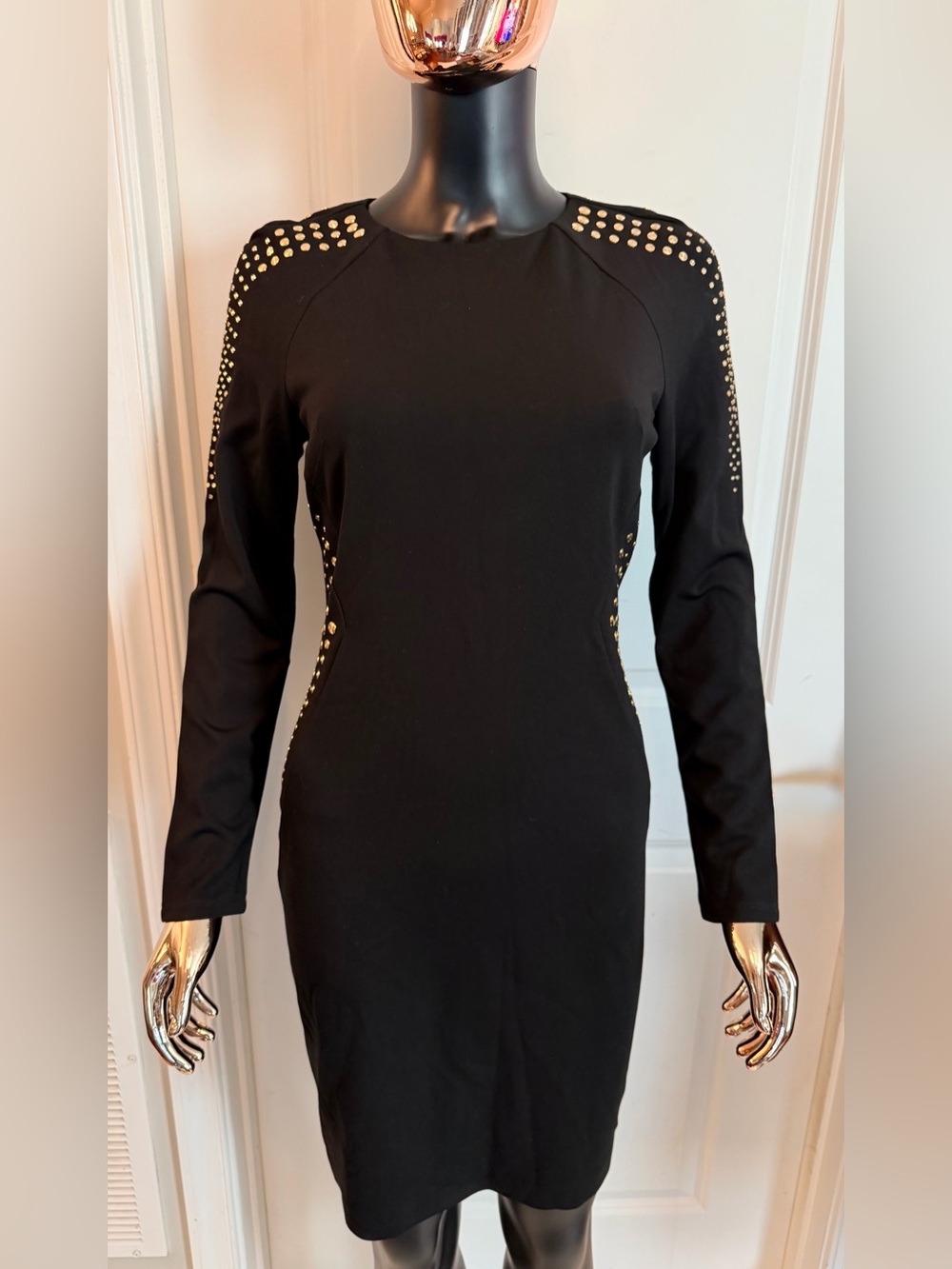 Cache Black Long-Sleeve Bodycon Dress with Gold Studs